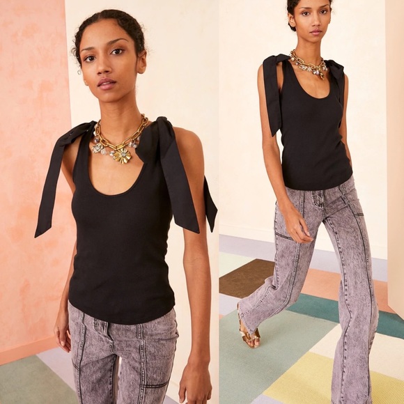 NWT Ulla Johnson Bailey Bow Shoulder Cotton Tank in Noir Black Size Small - Picture 3 of 11